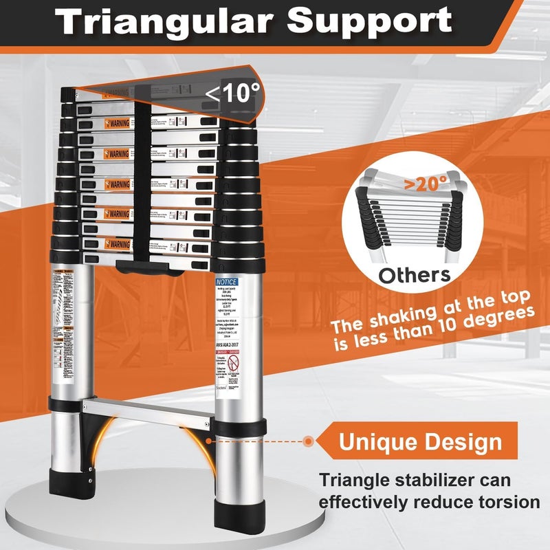 Soctone Telescoping Ladder, 12.5 FT Aluminum Lightweight Extension Ladder with 2 Triangle Stabilizers, Heavy Duty 330lbs Max Capacity, Multi-Purpose Collapsible Ladder for RV or Outdoor Work - Image 2